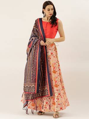 Orange Digital Floral Print Satin Silk Fabric Semistitched Lehenga Choli With Jequared Unstitched Blouse with Dupatta 2