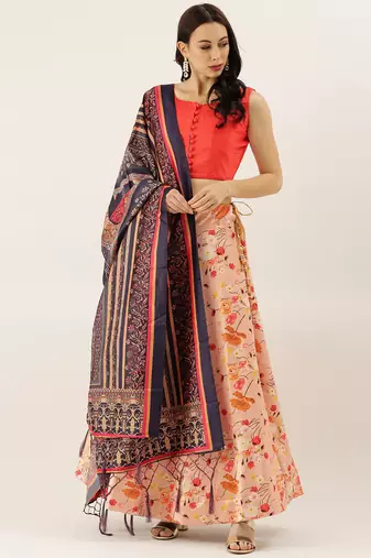 Orange Digital Floral Print Satin Silk Fabric Semistitched Lehenga Choli With Jequared Unstitched Blouse with Dupatta
