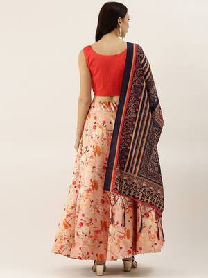 Orange Digital Floral Print Satin Silk Fabric Semistitched Lehenga Choli With Jequared Unstitched Blouse with Dupatta 3