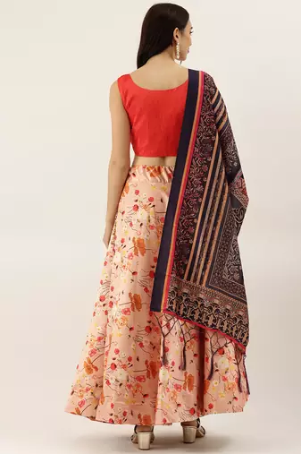 Orange Digital Floral Print Satin Silk Fabric Semistitched Lehenga Choli With Jequared Unstitched Blouse with Dupatta