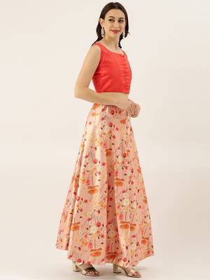 Orange Digital Floral Print Satin Silk Fabric Semistitched Lehenga Choli With Jequared Unstitched Blouse with Dupatta 4