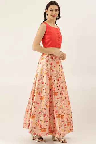 Orange Digital Floral Print Satin Silk Fabric Semistitched Lehenga Choli With Jequared Unstitched Blouse with Dupatta