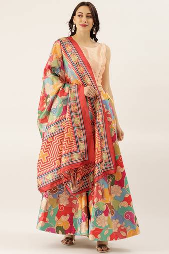 Cream Digital Floral Print Satin Silk Fabric Semistitched Lehenga Choli With Jequared Unstitched Blouse with Dupatta