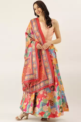 Cream Digital Floral Print Satin Silk Fabric Semistitched Lehenga Choli With Jequared Unstitched Blouse with Dupatta
