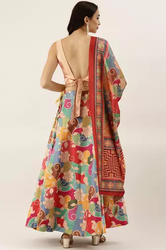 Cream Digital Floral Print Satin Silk Fabric Semistitched Lehenga Choli With Jequared Unstitched Blouse with Dupatta