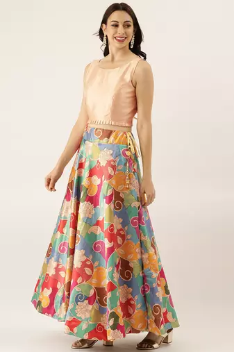 Cream Digital Floral Print Satin Silk Fabric Semistitched Lehenga Choli With Jequared Unstitched Blouse with Dupatta