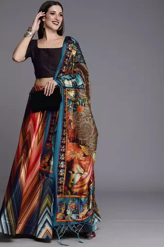 Black Digital Floral Print Satin Silk Fabric Semistitched Lehenga Choli With Jequared Unstitched Blouse with Dupatta