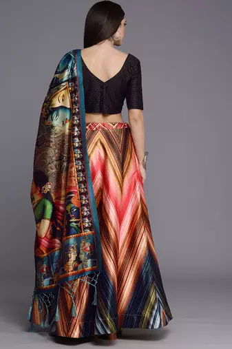 Black Digital Floral Print Satin Silk Fabric Semistitched Lehenga Choli With Jequared Unstitched Blouse with Dupatta
