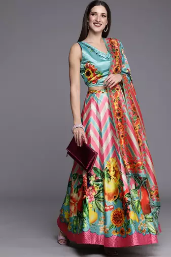 Blue Digital Floral Print Satin Silk Fabric Semistitched Lehenga Choli With Jequared Unstitched Blouse with Dupatta
