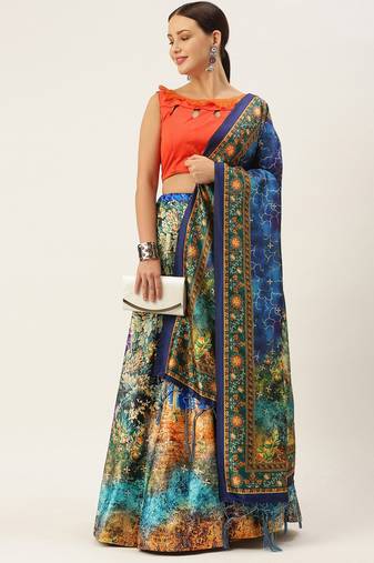 Orange Digital Floral Print Satin Silk Fabric Semistitched Lehenga Choli With Jequared Unstitched Blouse with Dupatta