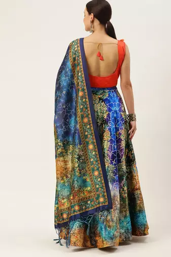 Orange Digital Floral Print Satin Silk Fabric Semistitched Lehenga Choli With Jequared Unstitched Blouse with Dupatta