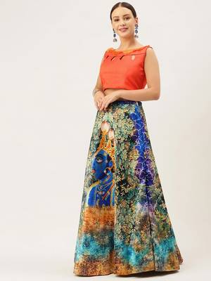 Orange Digital Floral Print Satin Silk Fabric Semistitched Lehenga Choli With Jequared Unstitched Blouse with Dupatta 3