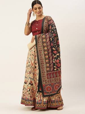 Maroon Digital Floral Print Satin Silk Fabric Semistitched Lehenga Choli With Jequared Unstitched Blouse with Dupatta 1