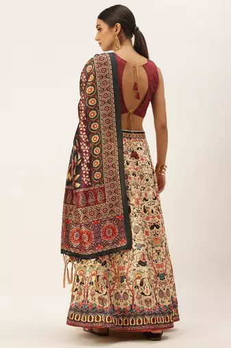 Maroon Digital Floral Print Satin Silk Fabric Semistitched Lehenga Choli With Jequared Unstitched Blouse with Dupatta