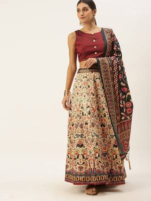 Maroon Digital Floral Print Satin Silk Fabric Semistitched Lehenga Choli With Jequared Unstitched Blouse with Dupatta 3