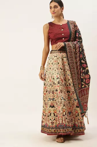 Maroon Digital Floral Print Satin Silk Fabric Semistitched Lehenga Choli With Jequared Unstitched Blouse with Dupatta