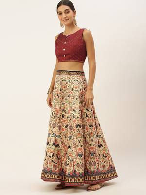 Maroon Digital Floral Print Satin Silk Fabric Semistitched Lehenga Choli With Jequared Unstitched Blouse with Dupatta 4
