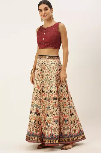 Maroon Digital Floral Print Satin Silk Fabric Semistitched Lehenga Choli With Jequared Unstitched Blouse with Dupatta