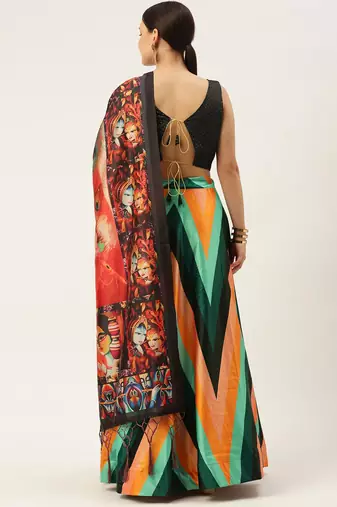 Black Digital Floral Print Satin Silk Fabric Semistitched Lehenga Choli With Jequared Unstitched Blouse with Dupatta