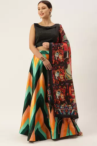 Black Digital Floral Print Satin Silk Fabric Semistitched Lehenga Choli With Jequared Unstitched Blouse with Dupatta