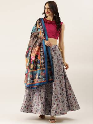 Maroon Digital Floral Print Satin Silk Fabric Semistitched Lehenga Choli With Jequared Unstitched Blouse with Dupatta 1