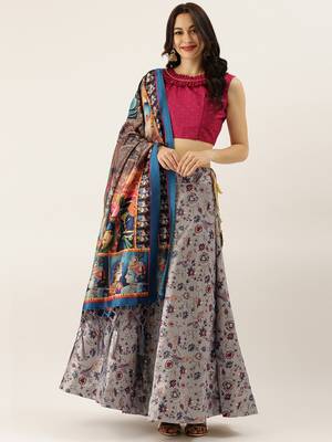 Maroon Digital Floral Print Satin Silk Fabric Semistitched Lehenga Choli With Jequared Unstitched Blouse with Dupatta 2
