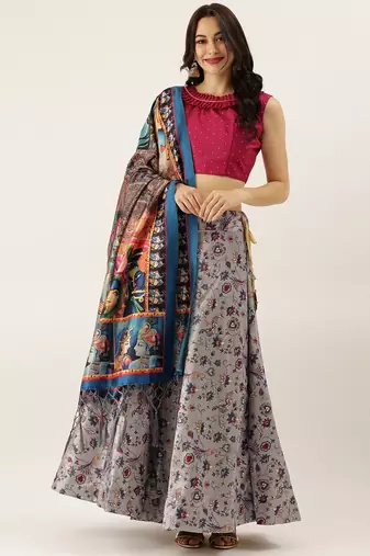 Maroon Digital Floral Print Satin Silk Fabric Semistitched Lehenga Choli With Jequared Unstitched Blouse with Dupatta