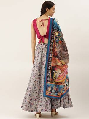 Maroon Digital Floral Print Satin Silk Fabric Semistitched Lehenga Choli With Jequared Unstitched Blouse with Dupatta 3