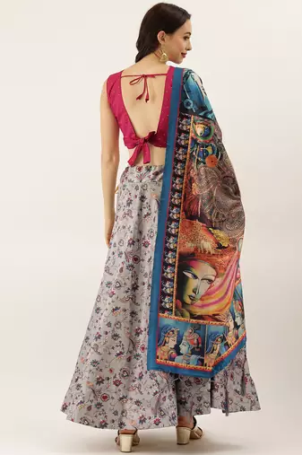 Maroon Digital Floral Print Satin Silk Fabric Semistitched Lehenga Choli With Jequared Unstitched Blouse with Dupatta
