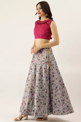 Maroon Digital Floral Print Satin Silk Fabric Semistitched Lehenga Choli With Jequared Unstitched Blouse with Dupatta