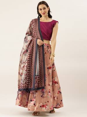 Violet Digital Floral Print Satin Silk Fabric Semistitched Lehenga Choli With Jequared Unstitched Blouse with Dupatta 1