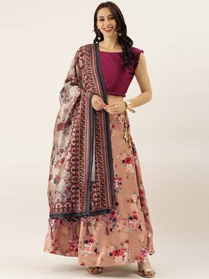 Violet Digital Floral Print Satin Silk Fabric Semistitched Lehenga Choli With Jequared Unstitched Blouse with Dupatta 2