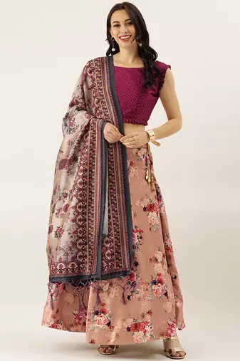 Violet Digital Floral Print Satin Silk Fabric Semistitched Lehenga Choli With Jequared Unstitched Blouse with Dupatta