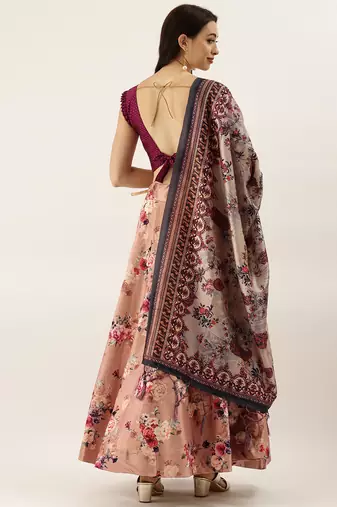 Violet Digital Floral Print Satin Silk Fabric Semistitched Lehenga Choli With Jequared Unstitched Blouse with Dupatta