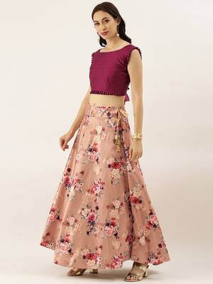 Violet Digital Floral Print Satin Silk Fabric Semistitched Lehenga Choli With Jequared Unstitched Blouse with Dupatta 4