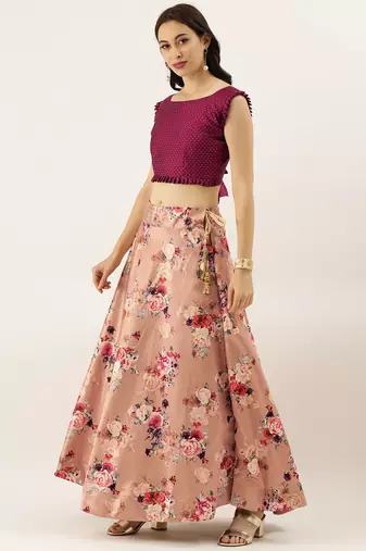 Violet Digital Floral Print Satin Silk Fabric Semistitched Lehenga Choli With Jequared Unstitched Blouse with Dupatta