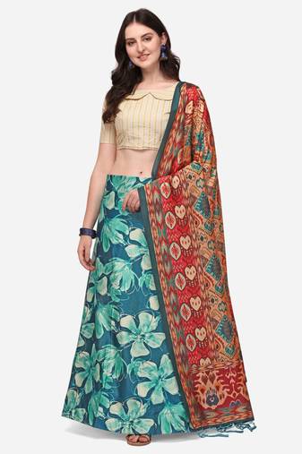 Cream Digital Floral Print Satin Silk Fabric Semistitched Lehenga Choli With Jequared Unstitched Blouse with Dupatta