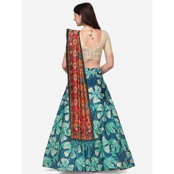 Cream Digital Floral Print Satin Silk Fabric Semistitched Lehenga Choli With Jequared Unstitched Blouse with Dupatta 3