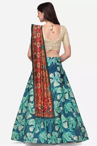 Cream Digital Floral Print Satin Silk Fabric Semistitched Lehenga Choli With Jequared Unstitched Blouse with Dupatta