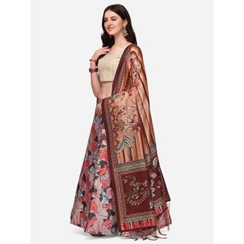 Cream Digital Floral Print Satin Silk Fabric Semistitched Lehenga Choli With Jequared Unstitched Blouse with Dupatta 1