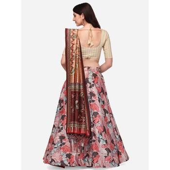 Cream Digital Floral Print Satin Silk Fabric Semistitched Lehenga Choli With Jequared Unstitched Blouse with Dupatta 2