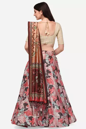 Cream Digital Floral Print Satin Silk Fabric Semistitched Lehenga Choli With Jequared Unstitched Blouse with Dupatta