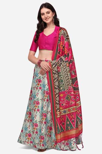 Pink Digital Floral Print Satin Silk Fabric Semistitched Lehenga Choli With Jequared Unstitched Blouse with Dupatta