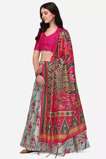 Pink Digital Floral Print Satin Silk Fabric Semistitched Lehenga Choli With Jequared Unstitched Blouse with Dupatta
