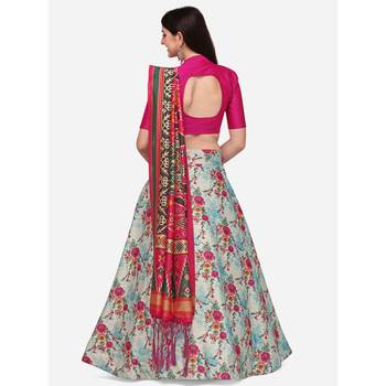 Pink Digital Floral Print Satin Silk Fabric Semistitched Lehenga Choli With Jequared Unstitched Blouse with Dupatta 3