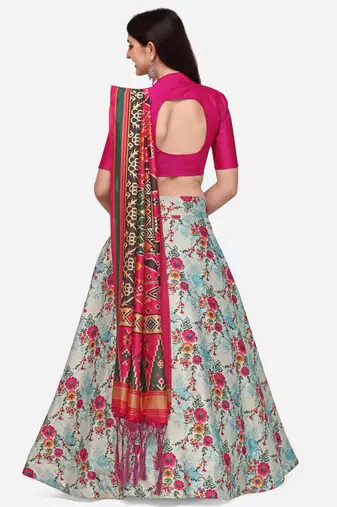 Pink Digital Floral Print Satin Silk Fabric Semistitched Lehenga Choli With Jequared Unstitched Blouse with Dupatta