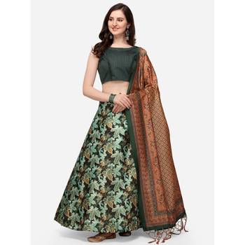 Green Digital Floral Print Satin Silk Fabric Semistitched Lehenga Choli With Jequared Unstitched Blouse with Dupatta 1