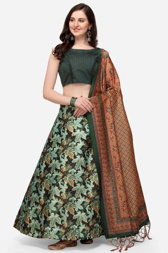 Green Digital Floral Print Satin Silk Fabric Semistitched Lehenga Choli With Jequared Unstitched Blouse with Dupatta