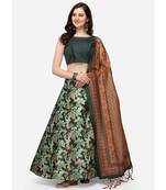 Green Digital Floral Print Satin Silk Fabric Semistitched Lehenga Choli With Jequared Unstitched Blouse with Dupatta