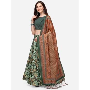 Green Digital Floral Print Satin Silk Fabric Semistitched Lehenga Choli With Jequared Unstitched Blouse with Dupatta 2
